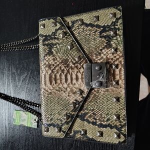 Badgley Mischka Olive Green and Tan Snake-Print Crossbody